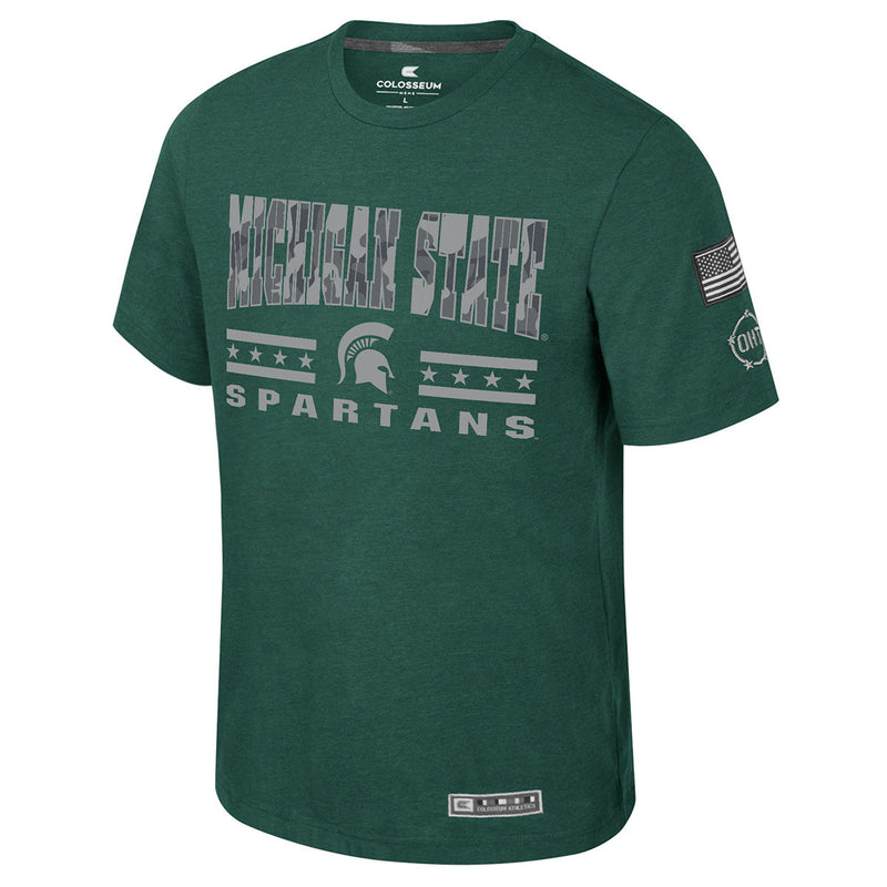Green t-shirt with camouflage 'MICHIGAN STATE SPARTANS' text, Spartan helmet, stars, and flag patch.