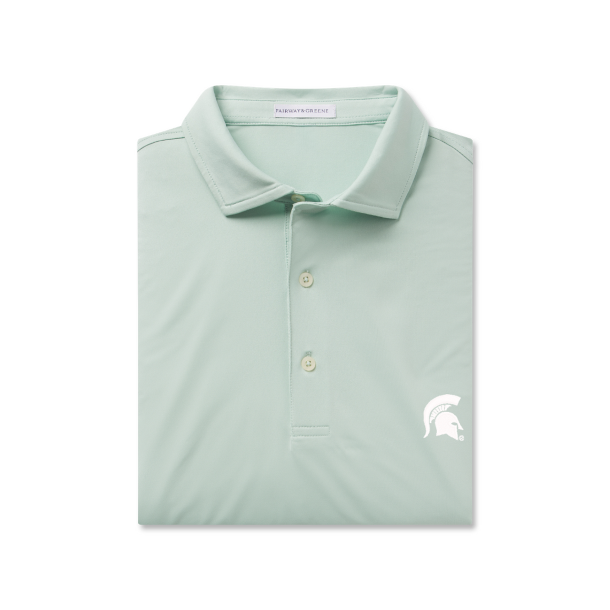 Light sage green polo. Embroidered on left chest is a white Spartan helmet. 