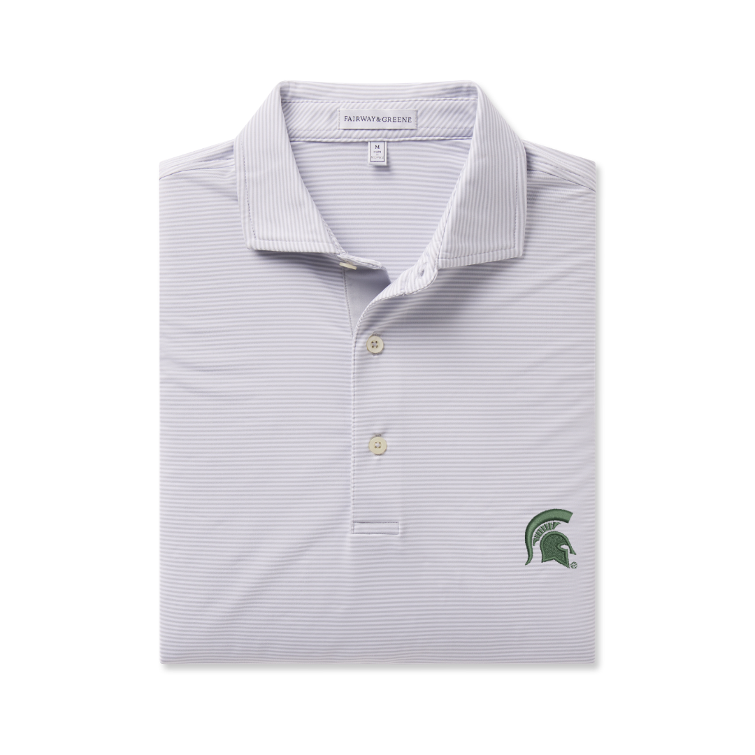 Light grey and white thin striped polo with a three button placket. On left chest is a green embroidered spartan helmet. 