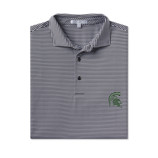 Black and white striped polo with a three-button placket and a dark green Spartan Helmet logo embroidered on the upper left chest. Shown on a white background.  