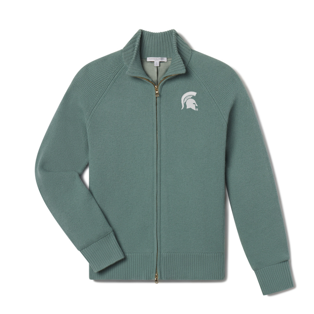 Green full-zip mock neck sweater with a white embroidered Spartan Helmet logo.