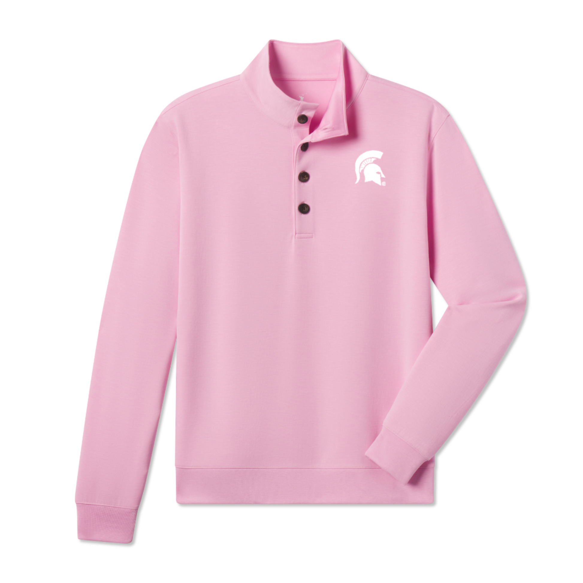 Light pink long-sleeve pullover with a stand-up collar and three brown buttons. Features an embroidered green Spartan helmet logo on the left chest, with ribbed cuffs and hem for a snug fit.