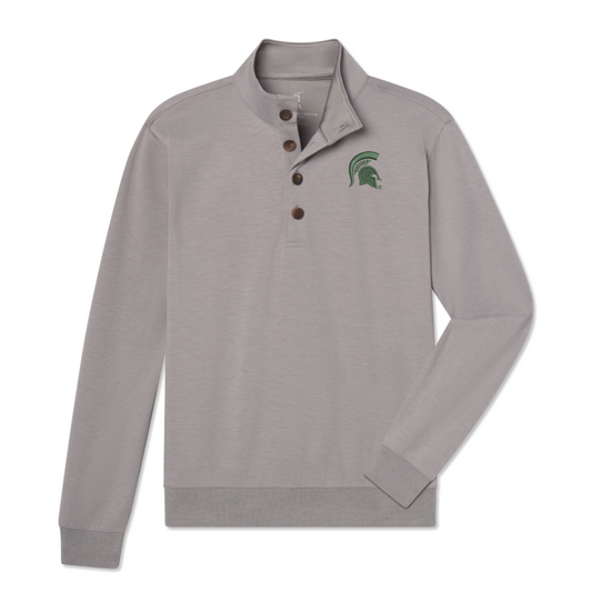 Light gray long-sleeve pullover with a stand-up collar and three brown buttons. Features an embroidered green Spartan helmet logo on the left chest, with ribbed cuffs and hem for a snug fit.