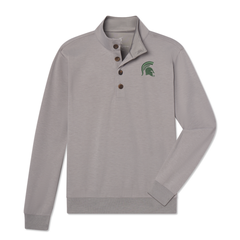 Light gray long-sleeve pullover with a stand-up collar and three brown buttons. Features an embroidered green Spartan helmet logo on the left chest, with ribbed cuffs and hem for a snug fit.
