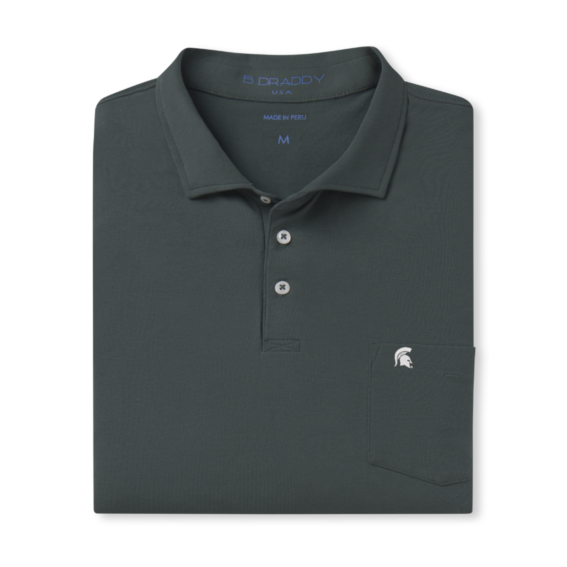 Folded dark gray polo shirt with a collar and three buttons, featuring a small chest pocket with an embroidered white Spartan Helmet logo and "B. Draddy USA" branding inside the collar.