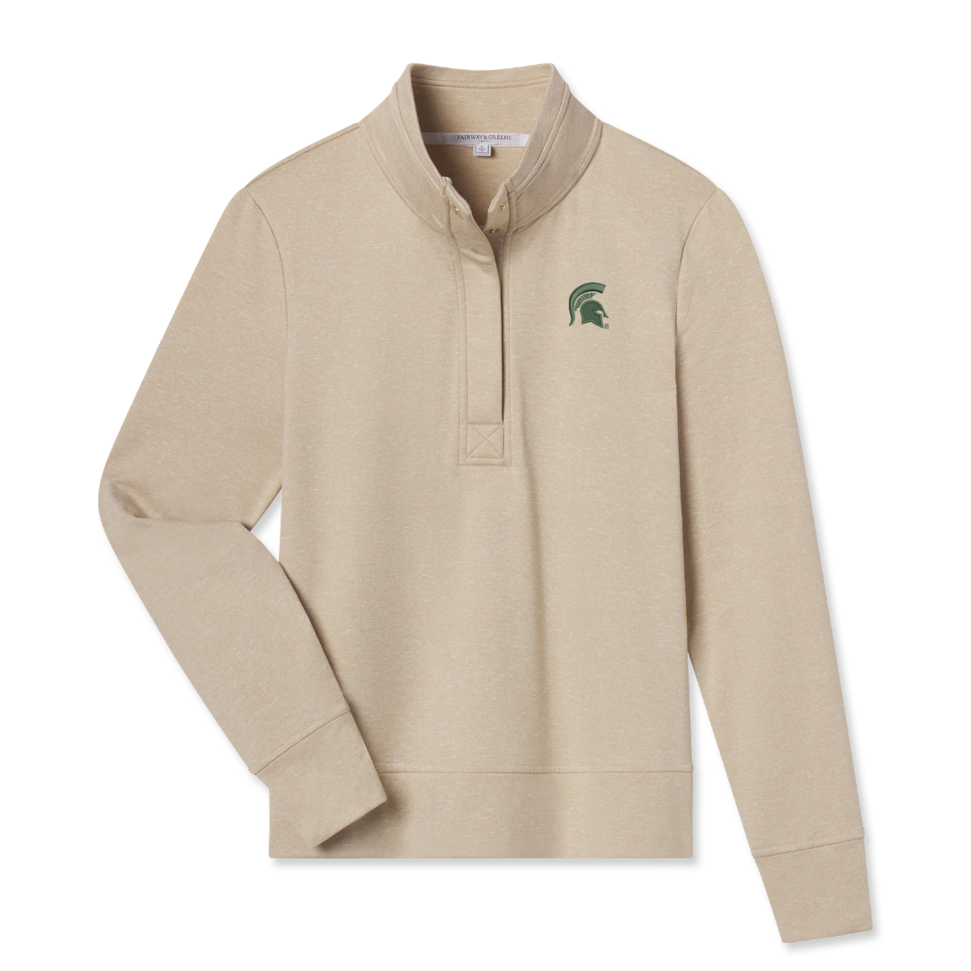 Tan snap button pullover with a dark green Spartan Helmet logo embroidered on the upper left chest. Shown on a white background. 
