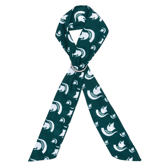 Dark green Michigan State scarf featuring a repeating pattern of white Spartan helmet logos and a silver-tone ring detail at the center.