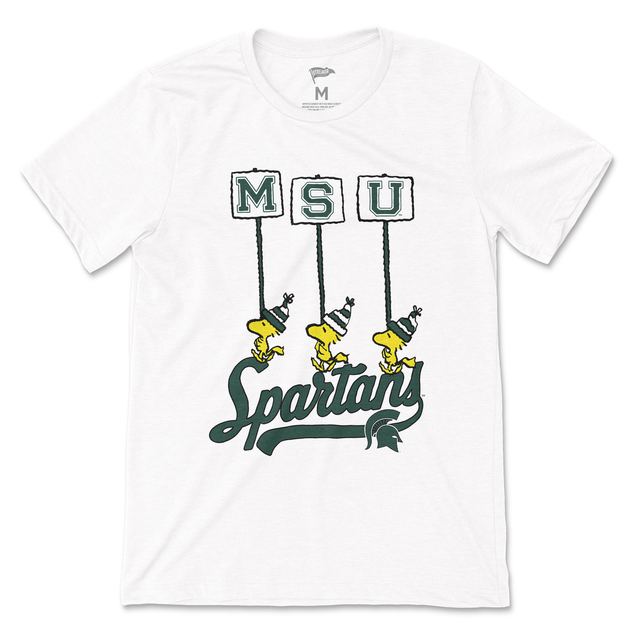 A short-sleeved white t-shirt with 'MSU' letters and a graphic of Woodstock holding signs of MSU over the word Spartans.