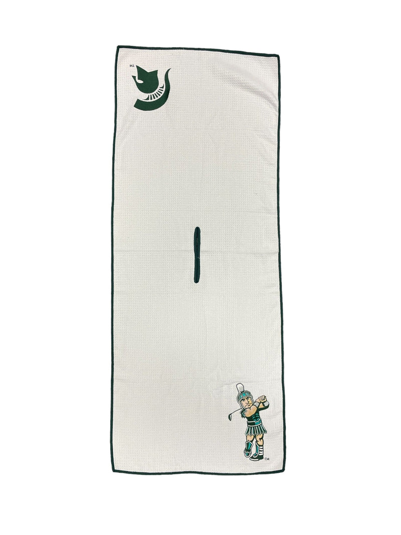 White towel with green spartan helmet in one corner. Golfing Sparty logo opposite corner of spartan helmet. 