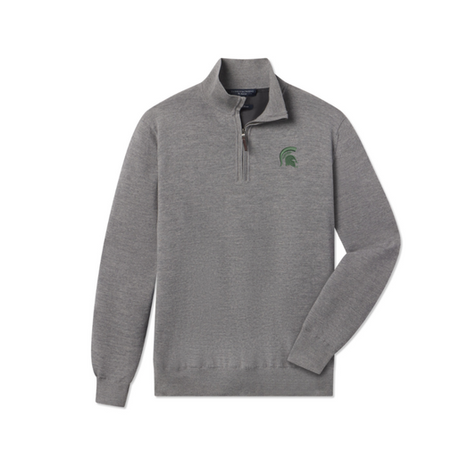 Gray quarter-zip pullover sweater that is winder resistant. Featuring a green Michigan State Spartans helmet logo on the left chest.