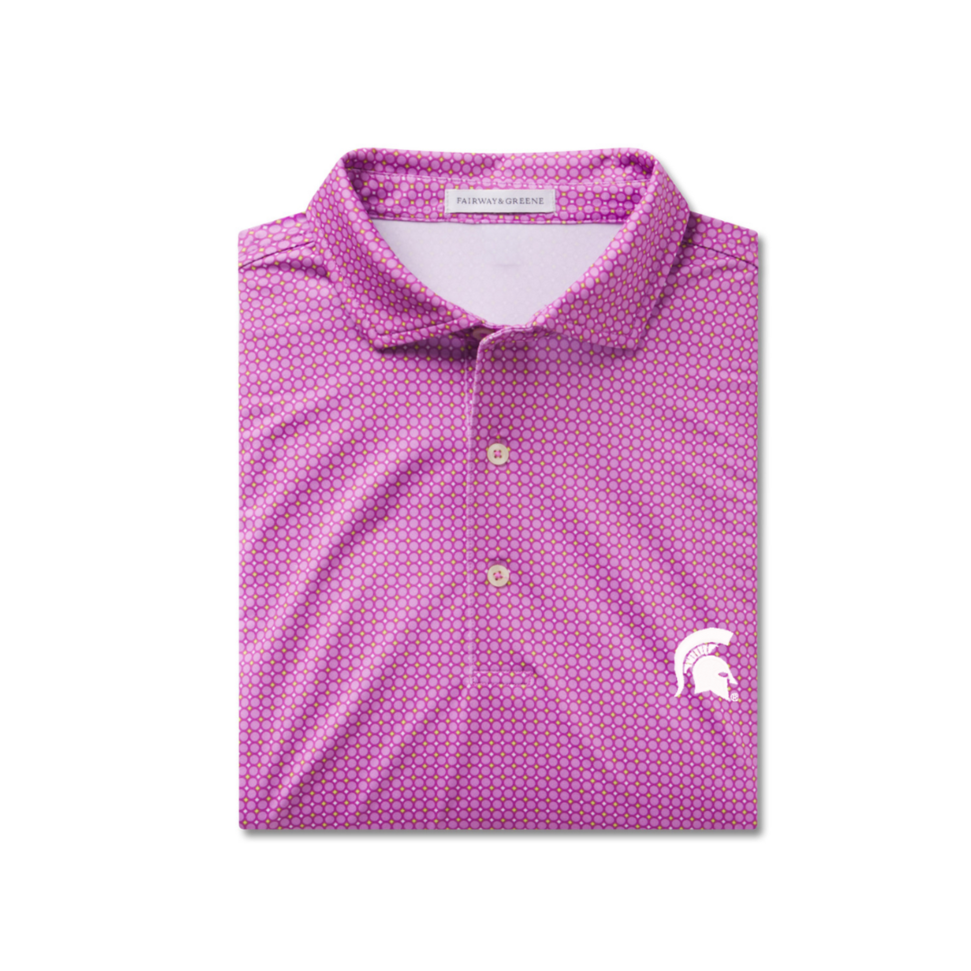 Pink purple polo with a geometric design. Embroidered on left chest in white is a Spartan Helmet. 