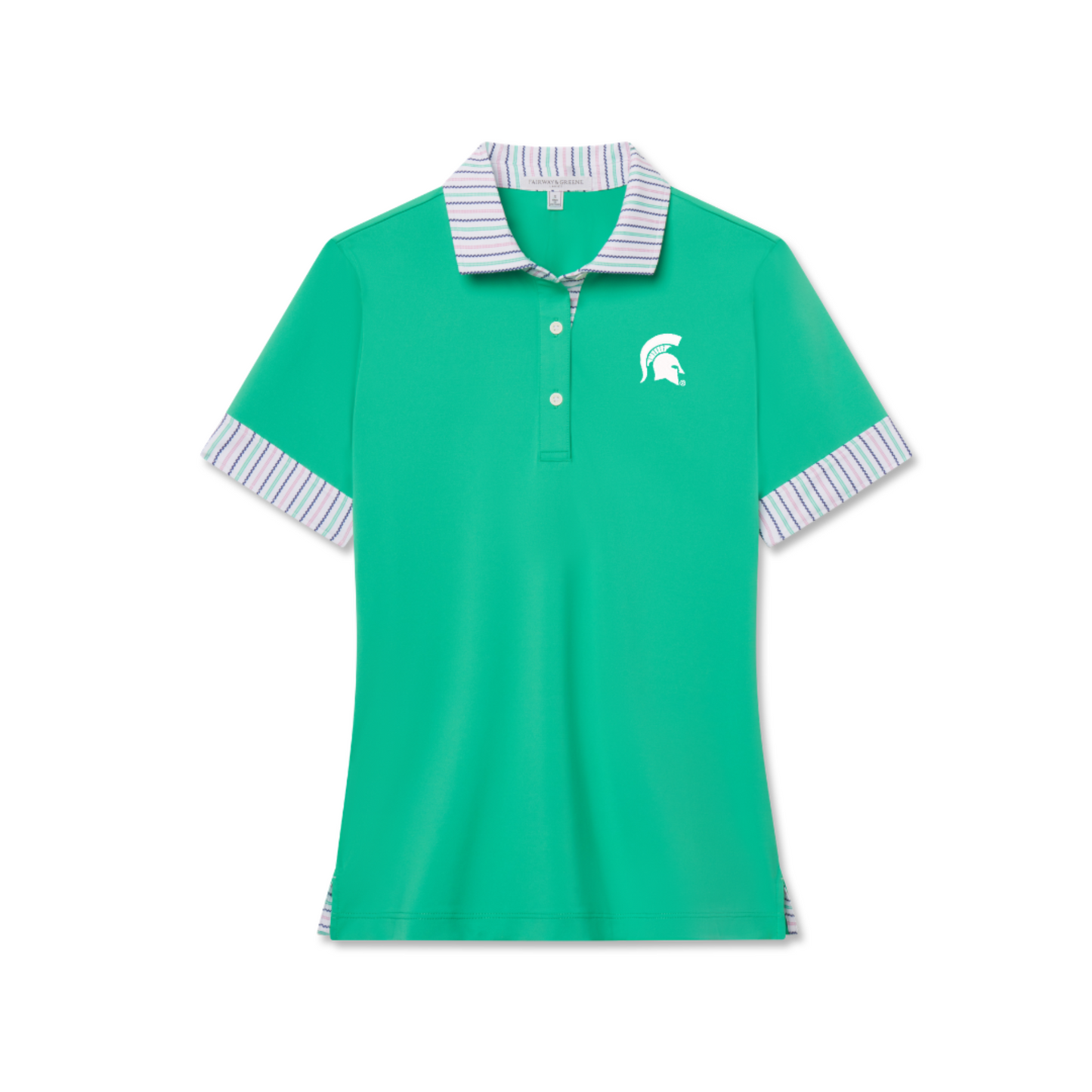 Green base women's polo. Bottom portion of sleeve and collar of polo is multi colored striped. Three button placket. White Spartan helmet embroidered on left chest. 