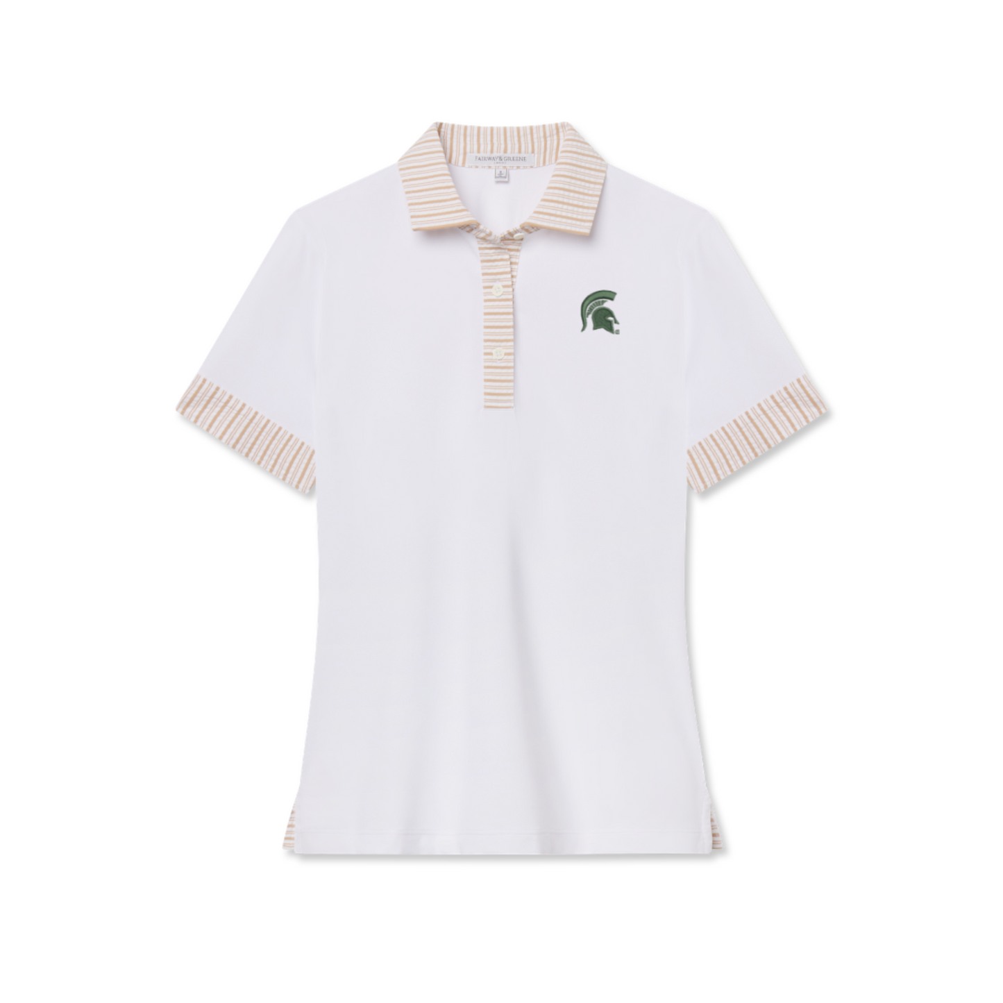 White base women's polo. Bottom portion of sleeve and collar of polo is tan and white striped. Three button placket. White Spartan helmet embroidered on left chest. 