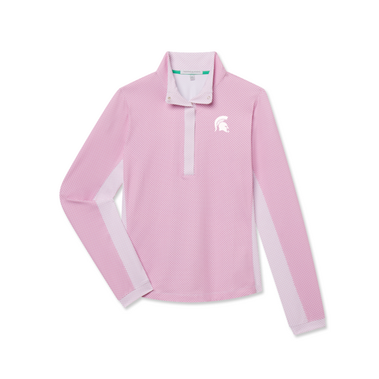 Pink geometric print button up. Under arm of long sleeve is light pink with same geometric print. Left chest has a white Spartans helmet logo that is embroidered. 