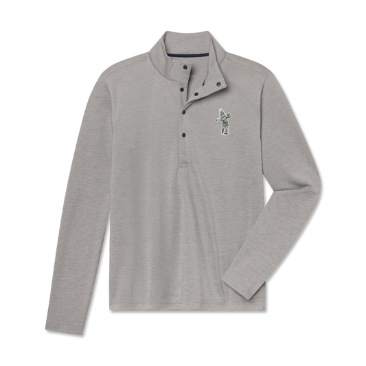 Light gray pullover with four black snap buttons that extend down the front half of the pullover and a Golf Sparty logo on the upper left chest. Shown on a white background. 
