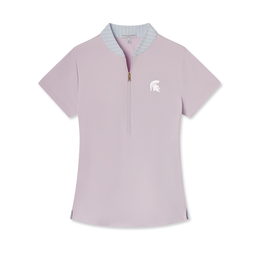Light pink mock neck with short sleeves, a pastel striped collar, a zipper that extends half way down the front, and a white Spartan Helmet logo on the upper left chest. Shown on a white background. 