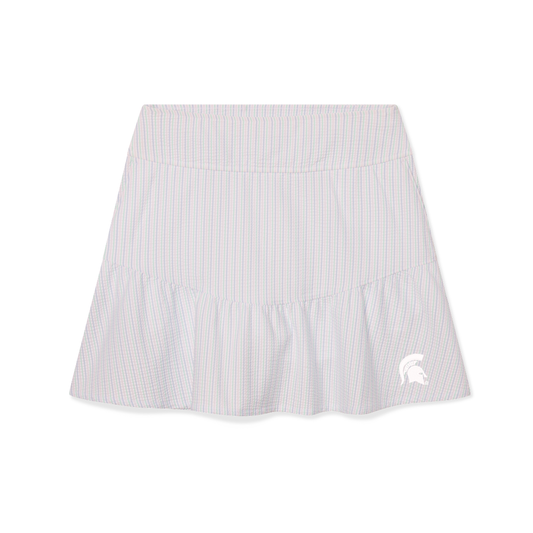 Pastel striped skort with a ruffle hem and white Spartan Helmet logo on the lower left. Shown on a white background. 