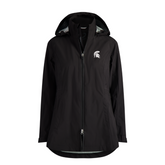 Black jacket with a full-zip collar, hood, and two way zipper. On the upper left chest is a white Spartan Helmet logo.  Shown on a white background. 