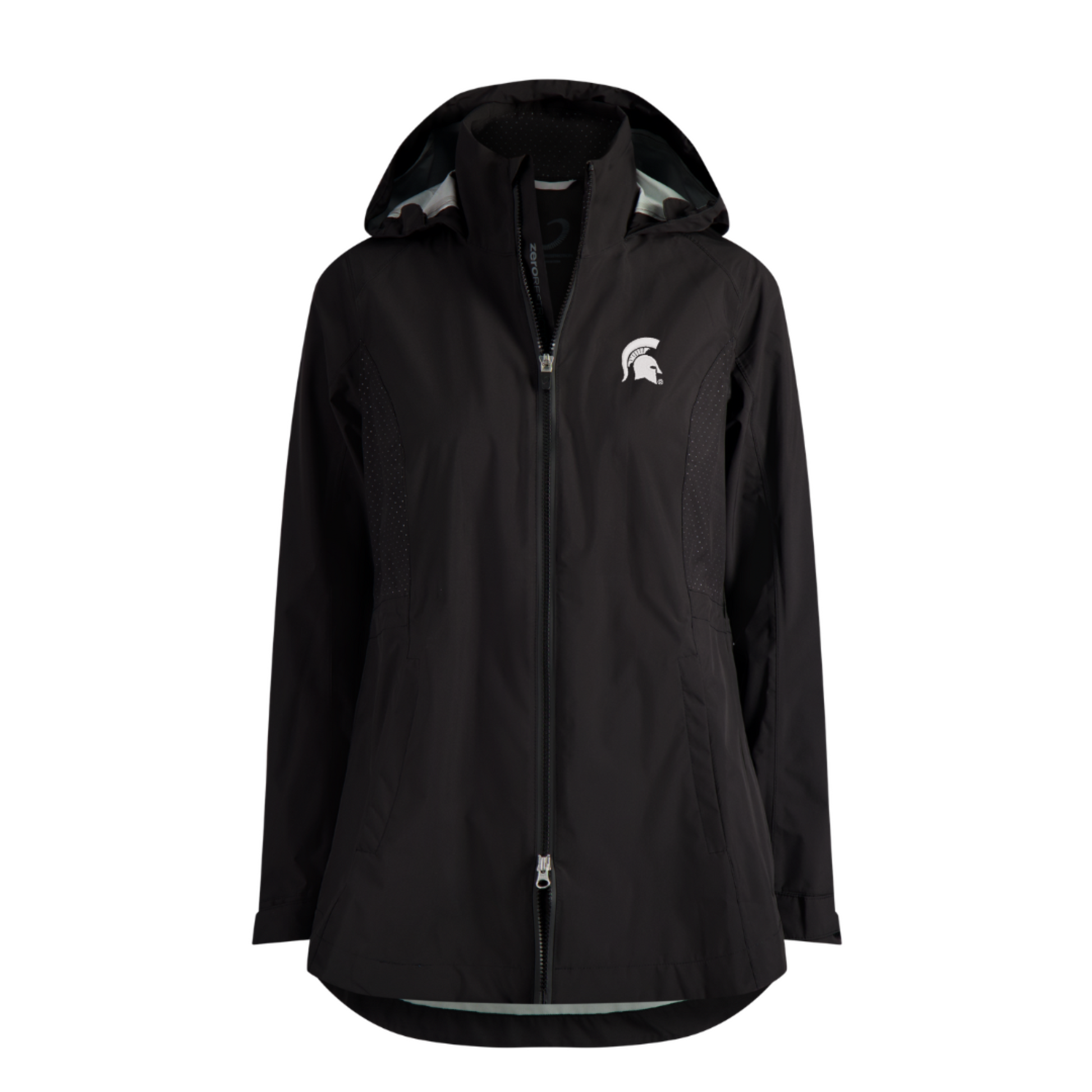 Black jacket with a full-zip collar, hood, and two way zipper. On the upper left chest is a white Spartan Helmet logo.  Shown on a white background. 