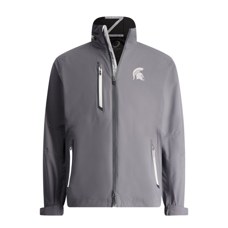 A gray full-zip hoodie with a hood, featuring a Spartan Helmet logo on the left chest area and contrast color abrasion tape at the edge of all pockets.