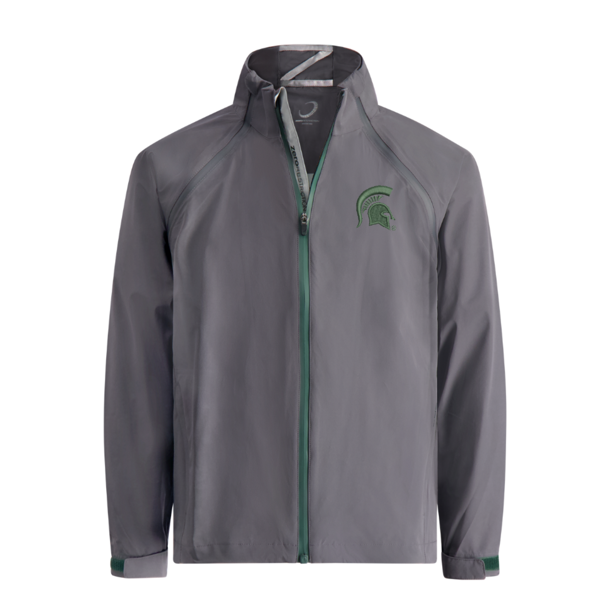 Gray jacket with green zipper and green cuff accents, featuring a white Spartan helmet logo on the left chest, representing Michigan State University.