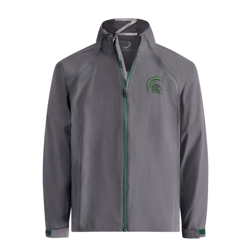 Gray jacket with green zipper and green cuff accents, featuring a white Spartan helmet logo on the left chest, representing Michigan State University.