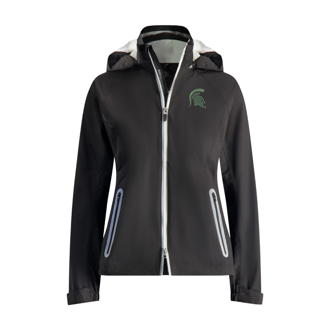Black jacket with white accents on pocket zipper and main zipper. White inner lining on hood. Embroidered on left chest is a green Spartan helmet. 