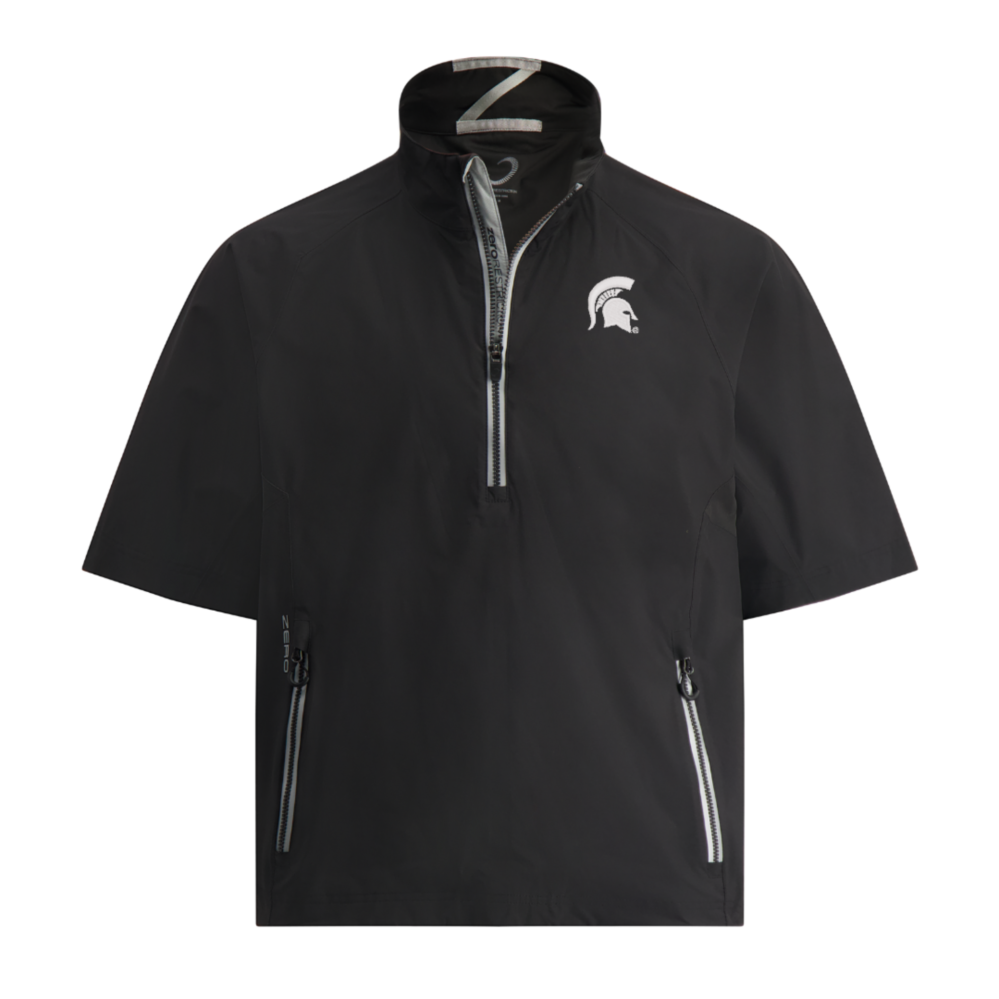 A black, half-zip golf jacket with a white Spartan Helmet logo on the left side of the chest.