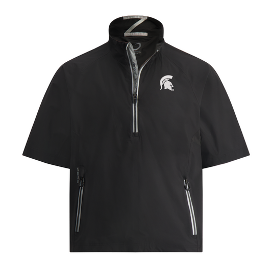 A black, half-zip golf jacket with a white Spartan Helmet logo on the left side of the chest.