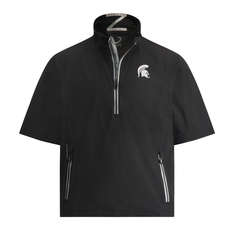 A black, half-zip golf jacket with a white Spartan Helmet logo on the left side of the chest.