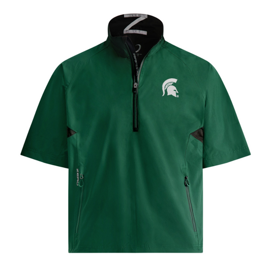 Green short-sleeve pullover jacket with a half-zip front, featuring the Michigan State Spartans logo on the left chest. Includes two zippered side pockets with 'Z' branding on the left zipper, and a black collar with a patterned inner lining.