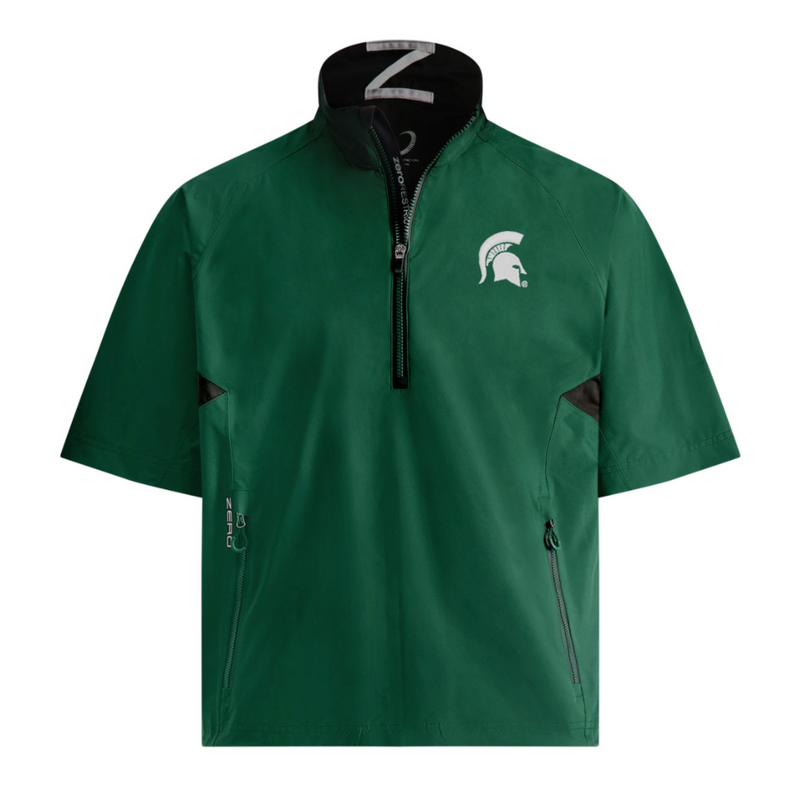 Green short-sleeve pullover jacket with a half-zip front, featuring the Michigan State Spartans logo on the left chest. Includes two zippered side pockets with 'Z' branding on the left zipper, and a black collar with a patterned inner lining.