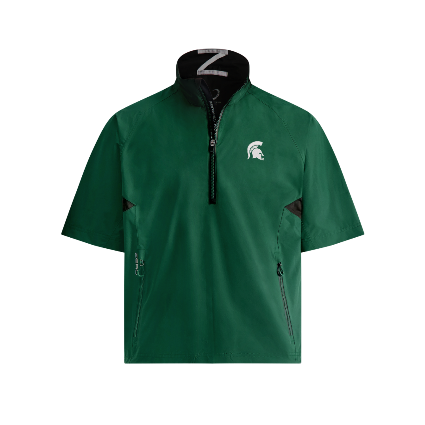 Green short sleeve rain resistance quarter-zip jacket. Two side zipper pockets. White embroidered Spartan helmet on left chest. 