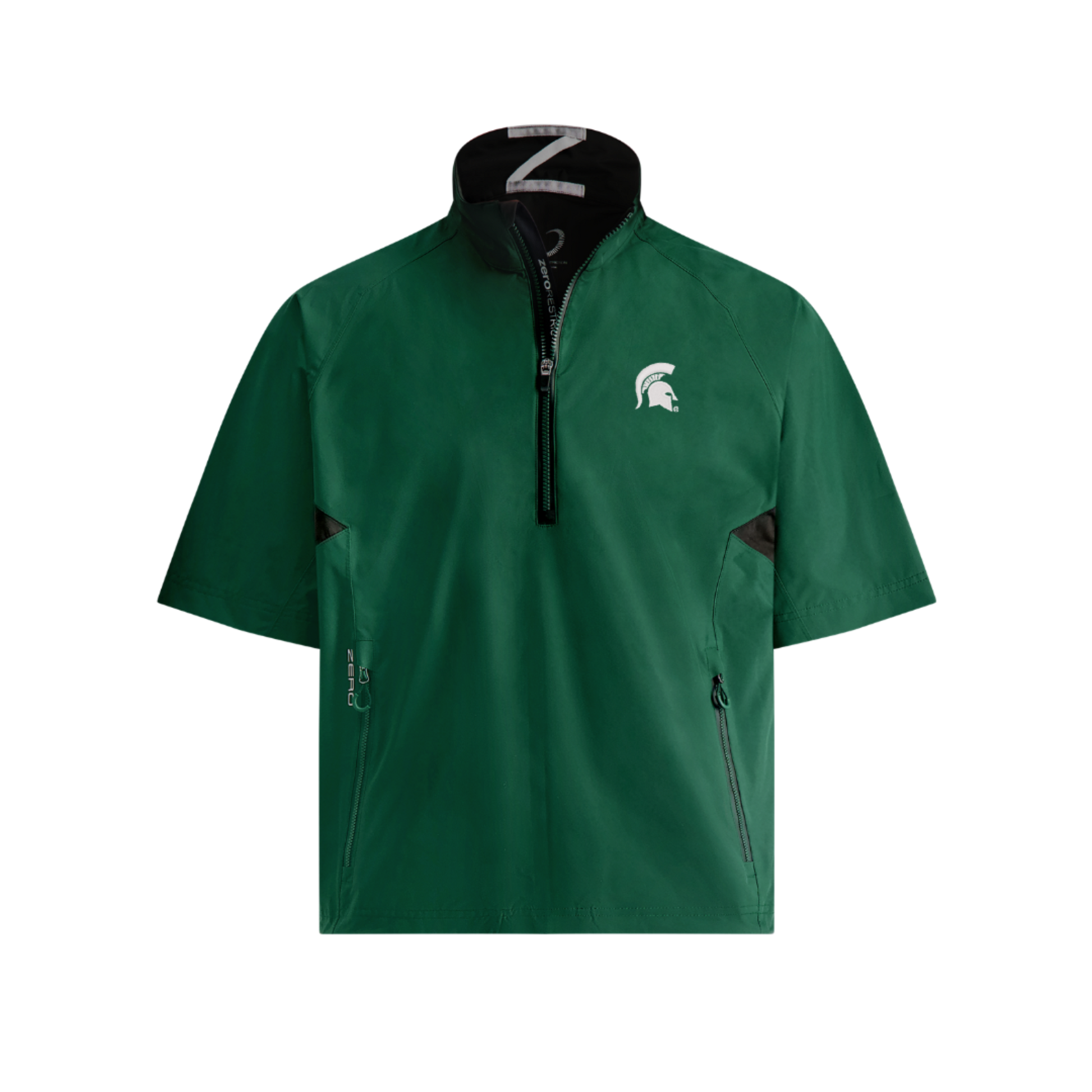 Green short sleeve rain resistance quarter-zip jacket. Two side zipper pockets. White embroidered Spartan helmet on left chest. 