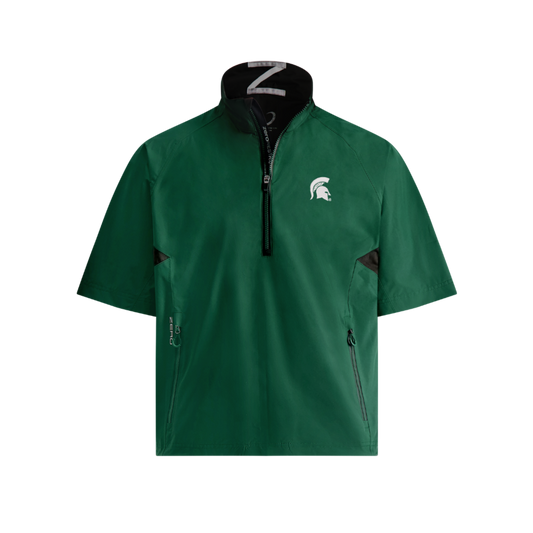 Green short sleeve rain resistance quarter-zip jacket. Two side zipper pockets. White embroidered Spartan helmet on left chest. 