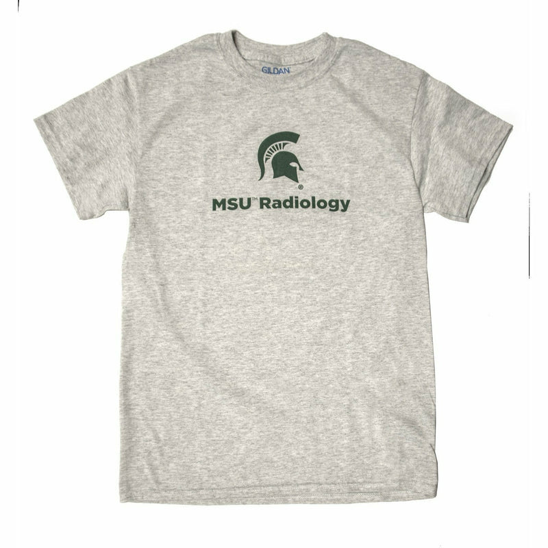 Light heather gray crewneck t-shirt with short sleeves. On the center chest is a forest green Spartan helmet above text reading MSU Radiology