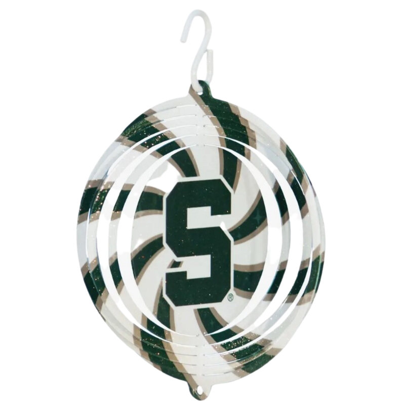 Multiple rotating white layers with forest green stripes lined in gold with a block S inside.