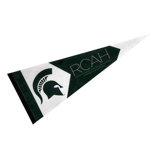 Pennant flag with alternating forest green and white blocks. On the left-most white block is a large Spartan Helmet. On the right-most green box is stylized text reading "RCAH: Residential College in the Arts and Humanities at Michigan State University."