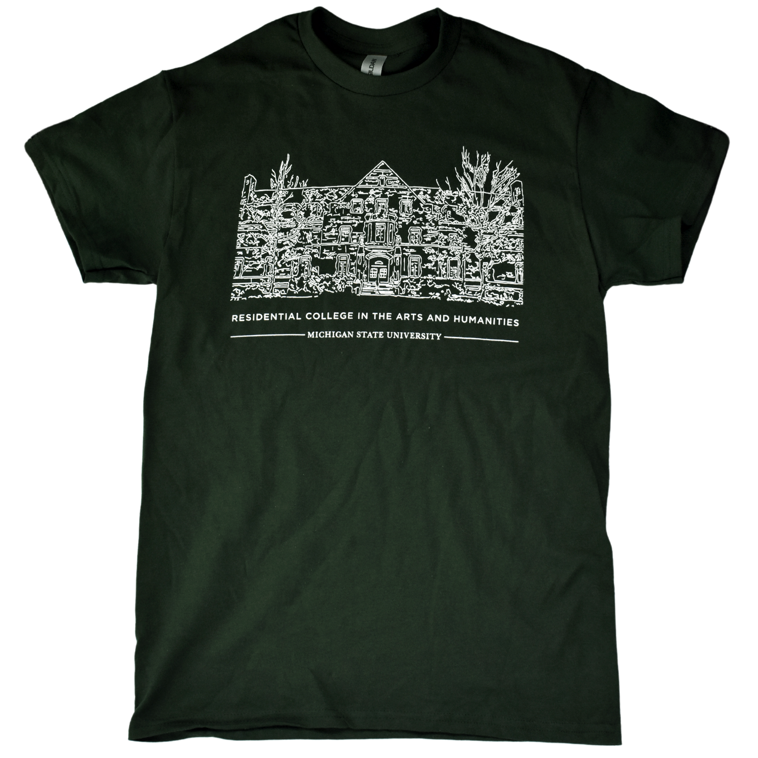 Forest green crewneck T-shirt with a white illustrated outline of Snyder-Phillips hall on the center chest. Below that in small all-caps is text reading "Residential College in the Arts and Humanities" above a smaller line of text reading "Michigan State University."