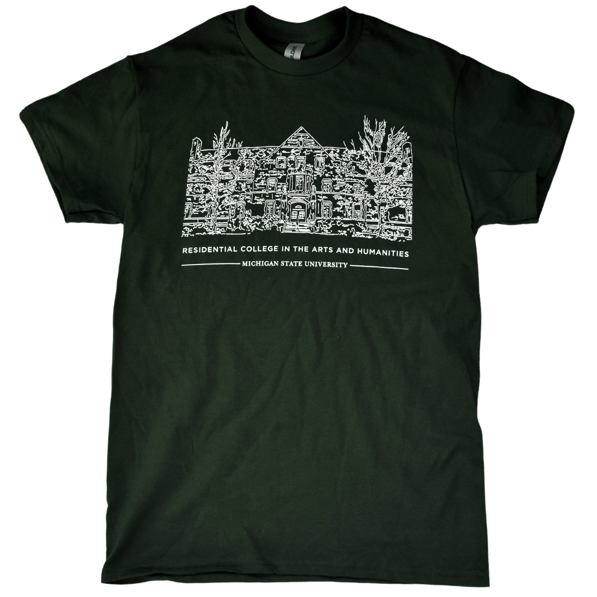 Forest green crewneck T-shirt with a white illustrated outline of Snyder-Phillips hall on the center chest. Below that in small all-caps is text reading "Residential College in the Arts and Humanities" above a smaller line of text reading "Michigan State University."