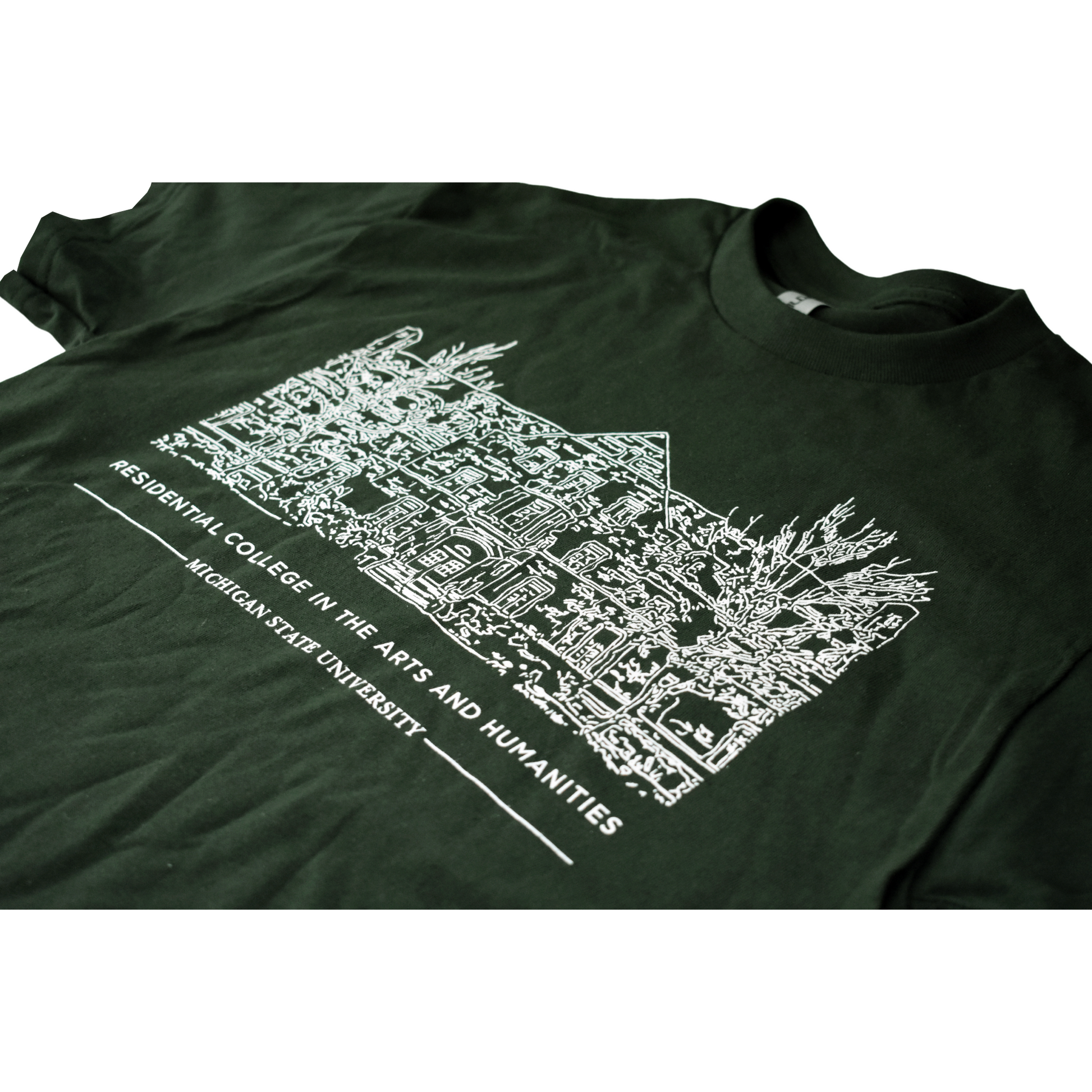 Close-up of the front of a forest green crewneck T-shirt with a white illustrated outline of Snyder-Phillips hall on the center chest. Below that in small all-caps is text reading "Residential College in the Arts and Humanities" above a smaller line of test reading "Michigan State University."