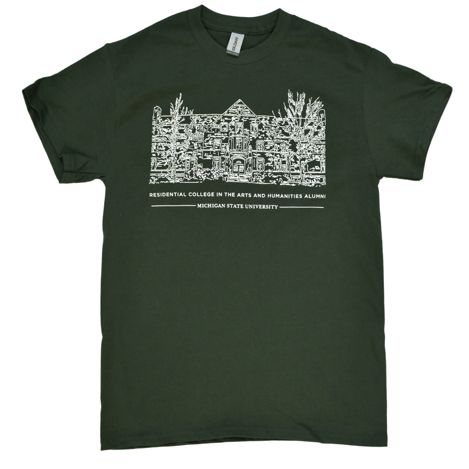 Forest green crewneck T-shirt with a white illustrated outline of Snyder-Phillips hall on the center chest. Below that in small all-caps is text reading "Residential College in the Arts and Humanities Alumni" above a smaller line of text reading "Michigan State University."
