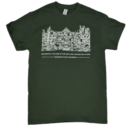 Forest green crewneck T-shirt with a white illustrated outline of Snyder-Phillips hall on the center chest. Below that in small all-caps is text reading "Residential College in the Arts and Humanities Alumni" above a smaller line of text reading "Michigan State University."