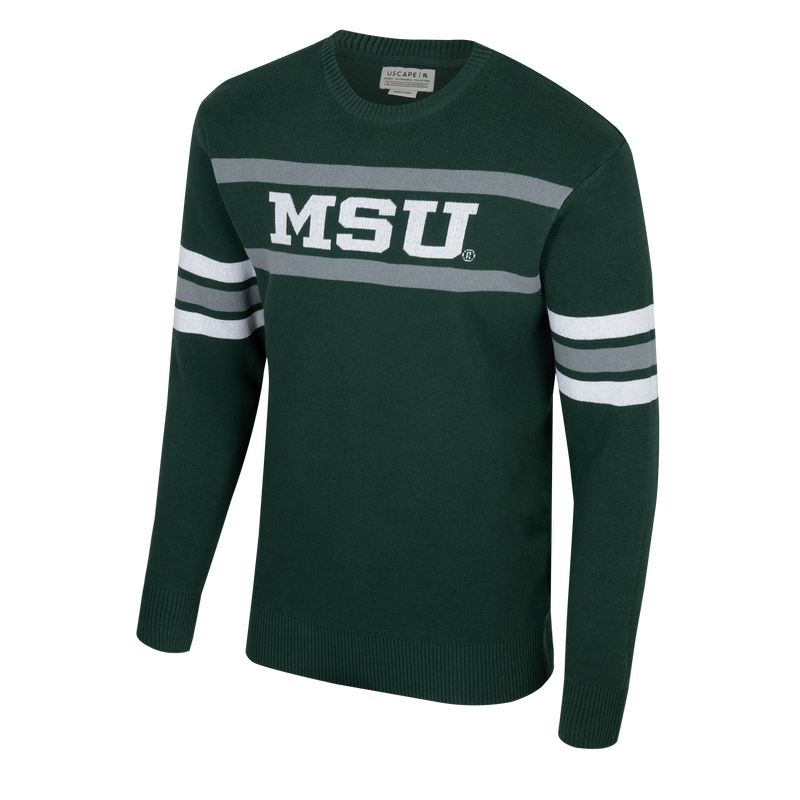 A green sweater featuring white and gray stripes and the white MSU wordmark on the chest.