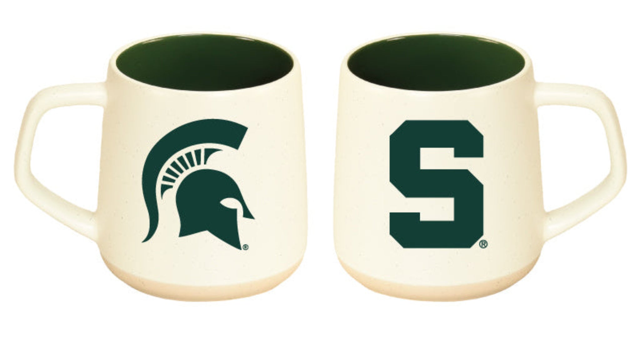 Cream colored mugs showing both designs that would be on one mug. One side has a green Block S and the other with a green Spartan helmet logo. The inside of the mug is green.
