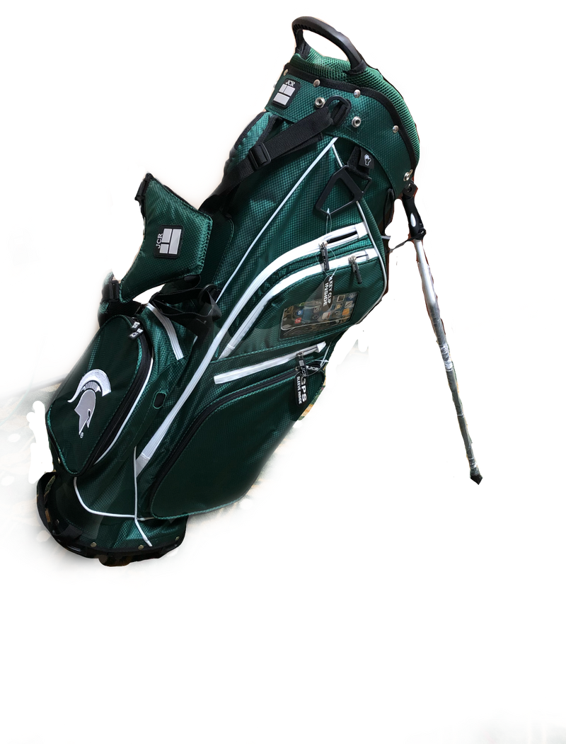 Green golf bag with multiple compartments, Spartan helmet logo, stand mechanism, and carrying straps.