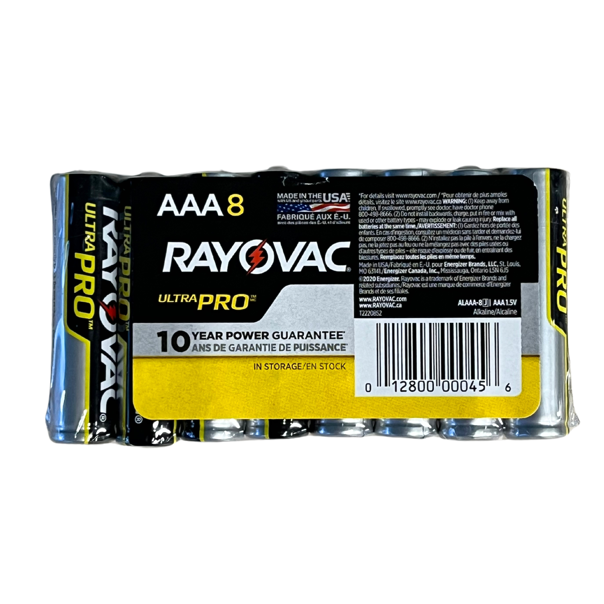 A pack of 8 AAA Rayovac batteries. Below the brand name on the package reads "Ultra Pro: 10 Year Power Guarantee." "Made in the USA" is centered at the top of the front label.