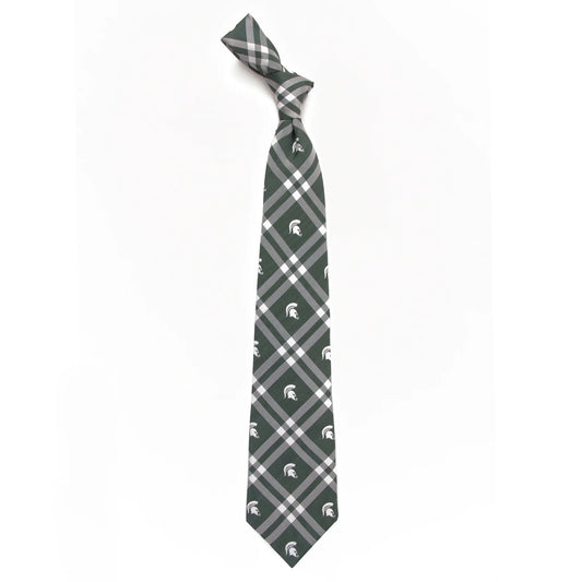 Green Michigan State necktie featuring a gray and white plaid pattern with repeating white Spartan helmet logos throughout. 