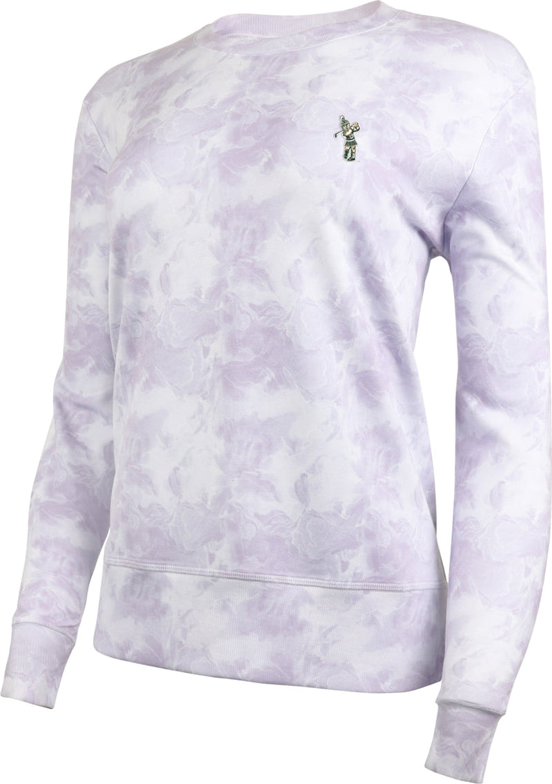 A lavender and white print crewneck with a Sparty golf logo on the upper left chest.