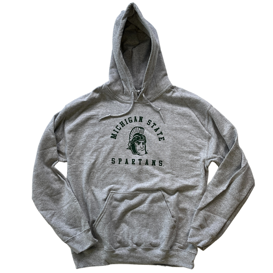 Light gray hooded sweatshirt with drawstrings and a large pocket at the bottom of the torso. On the center chest, a rendition of Sparty's head is printed between arched text reading Michigan State and a straight line of text reading Spartans. Screen printing is forest green.